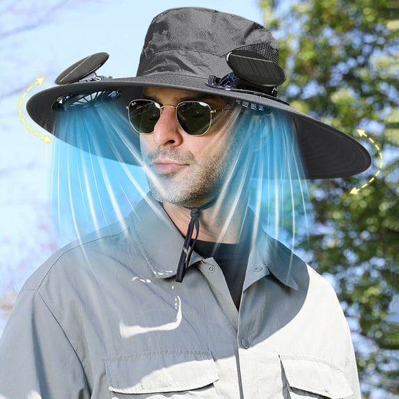 CSSAD Solar Fan Hat Wide Edge Outdoor Sun Hat with 2 Solar Fans and 3 Wind Fishing Hats - Detachable and USB Charging Fan, Men's Strong Wind Fan, Dark Gray