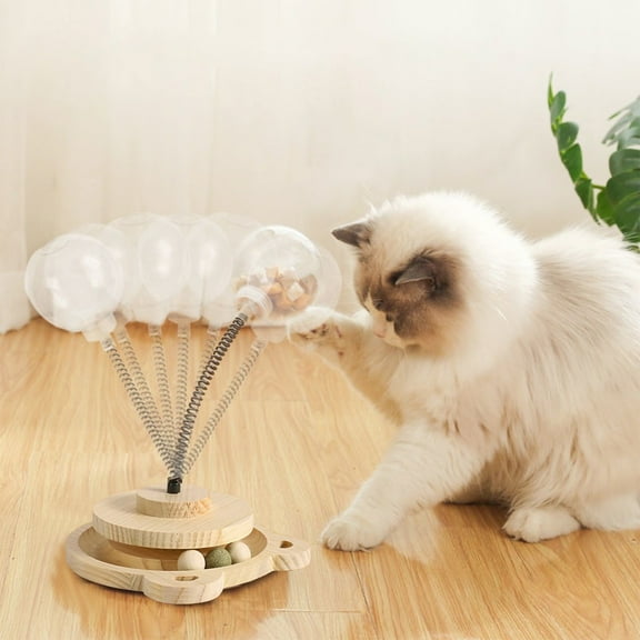 CSSAD Solid Wood Spring Rotating Catnip Ball, Interactive Cat Treat Dispenser, Small Cat Feeder Food Ball, Pet Treat Ball Cat Food Toy Ball, Cats Teasing Stick Toy