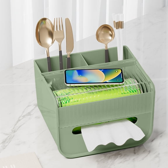 CSSAD Tissue Box Cover Holder with Storage, Multifunctional Tissue Holder for Facial Tissues Stationery Remote Control, Napkin Tissue Box Cover Storage Organizer for Home Office Bathroom (Green)