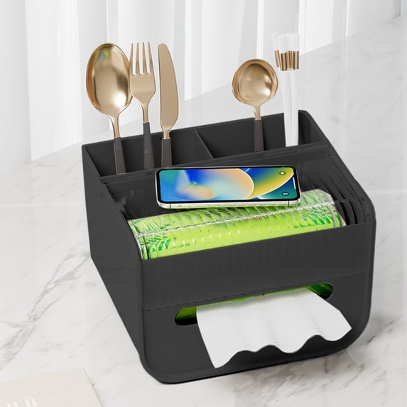 CSSAD Tissue Box Cover Holder with Storage, Multifunctional Tissue Holder for Facial Tissues Stationery Remote Control, Napkin Tissue Box Cover Storage Organizer for Home Office Bathroom (Black)