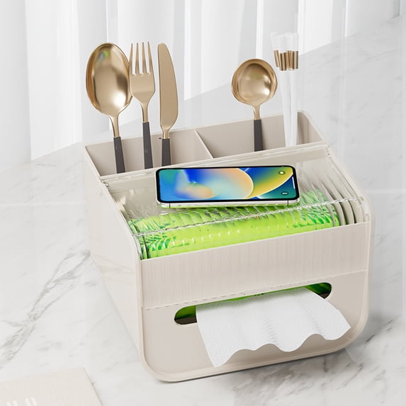 CSSAD Tissue Box Cover Holder with Storage, Multifunctional Tissue Holder for Facial Tissues Stationery Remote Control, Napkin Tissue Box Cover Storage Organizer for Home Office Bathroom (Beige)