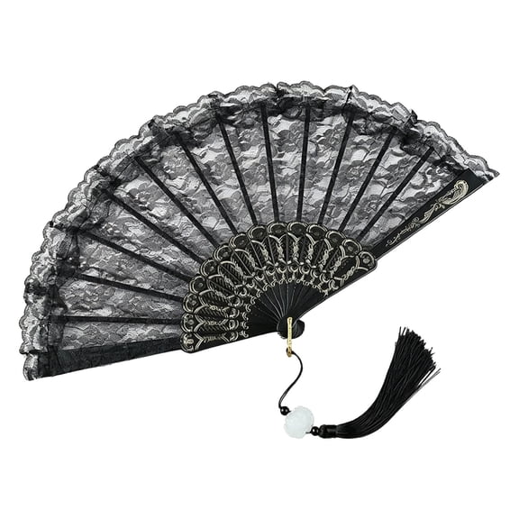 CSSJKYJ 1 PC Foldable Lace Fan Handheld Chinese Vintage Style Hand Held Folding Fans for Party Wedding Dancing Decoration,Black