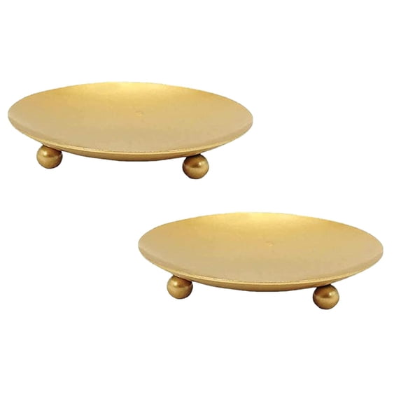 CSSJKYJ 2 PCS Gold Pillar Candle Holder, 4.33 inch Metal Candle Plate | Round Iron Candle Trays Stand for Pillar, Ball, 3 Wick, Jar Candles, Decorative Candle Dish for Mantel or Table Centerpiece