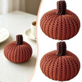 CSSJKYJ 2PCS Faux Fall Harvest Crochet Pumpkins - Small Knit Rustic Farmhouse Foam Decor for Thanksgiving Halloween Autumn Mantel Table (Brown,6cm)