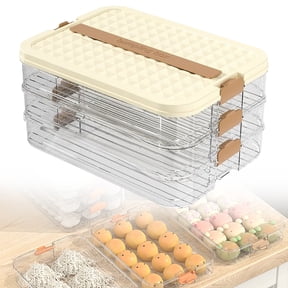 CSSJKYJ 3-Layer Frozen Dumpling Storage , Flat Stacks Food Container Icing Cookies Wonton Donuts Box Organizer for Fridge, 4.8 Inches Net Height, Beige
