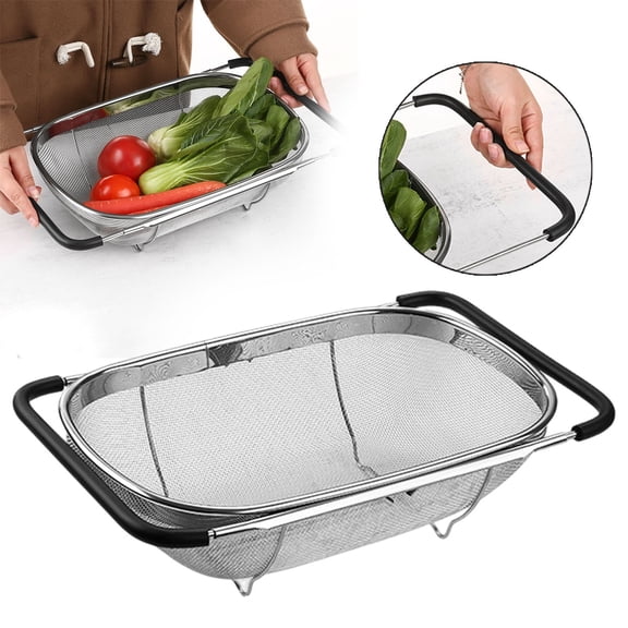 CSSJKYJ 6-Quart Large Over The Sink Colander, Heavy Duty 40% Thicker 18/8 Stainless Steel Fine Mesh Strainer Basket with Expandable Rubber Grip Handles - Strain, Drain, Vegetables