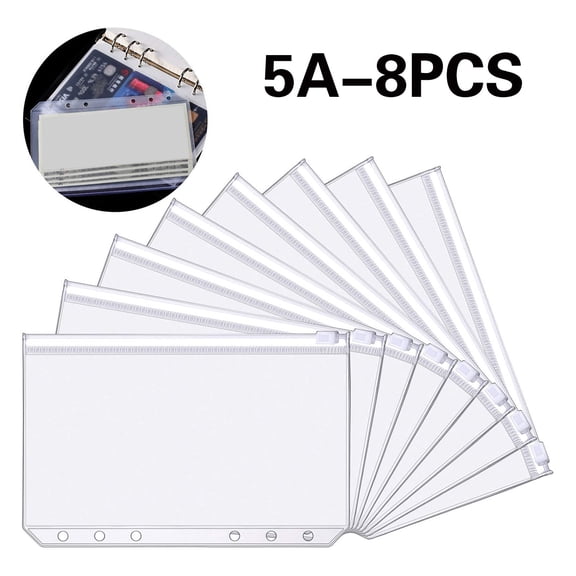 CSSJKYJ 8PCS A5 Binder Pockets 6 Holes Budget Cash Envelopes for Budgeting, Clear Zipper Folders Planner Inserts Loose Leaf Bags Binder, Waterproof PVC Document Pouch Filing