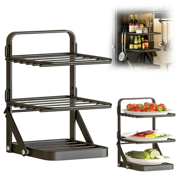 CSSJKYJ Foldable Wall Mounted Kitchen Prep Station Multi Tier Vegetable & Ingredient Organizer Rack Saving Countertop Shelf for Home(Black)
