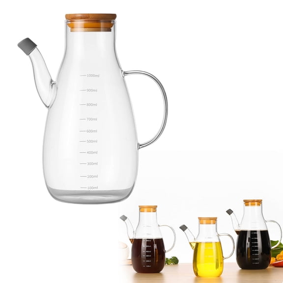 CSSJKYJ High Borosilicate Glass Oil Dispenser 1000ml with Leak Wood Lid and Drip Nozzle Transparent Kitchen Oil Pot with Scale Heat Resistant Container