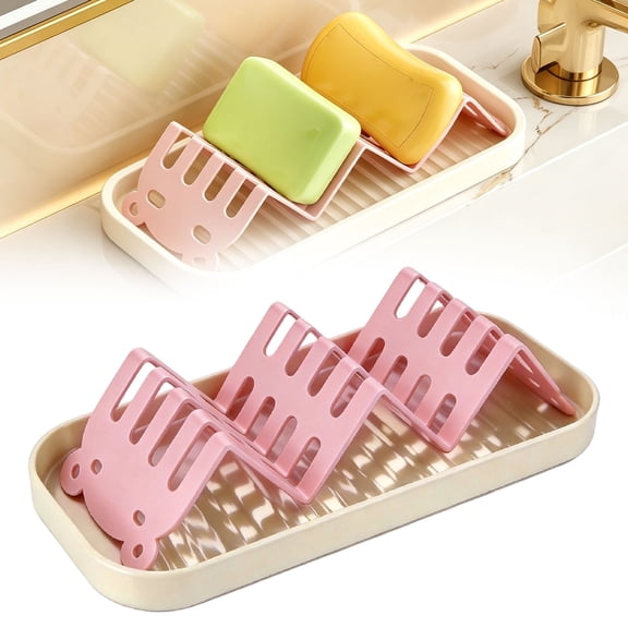CSSJKYJ Shower Soap Holder | Carbon Steel with Drip Tray Multi-Compartment - Soap Bar Holder Display Rack,for Sponge Scrubber Brush Kitchen Bathroom Apartment Farmhouse Restaurant,Pink