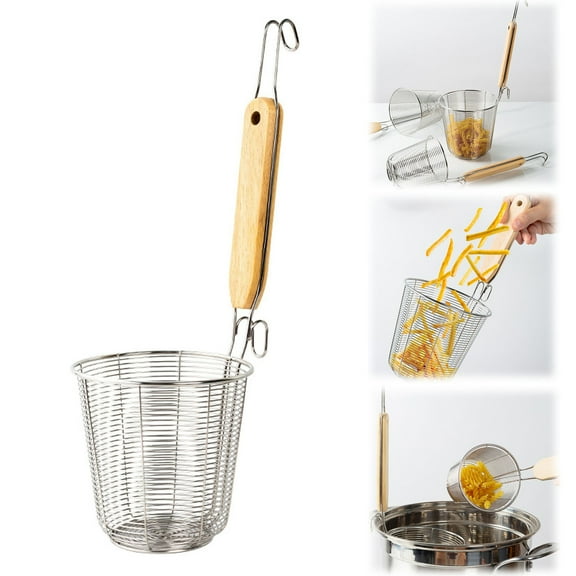 CSSJKYJ Stainless Steel Mesh Frying Tool with Wooden Handle – Leak-Proof , Stainless Steel Mesh Design – Wooden Handle Perfect for Home Kitchen Silver