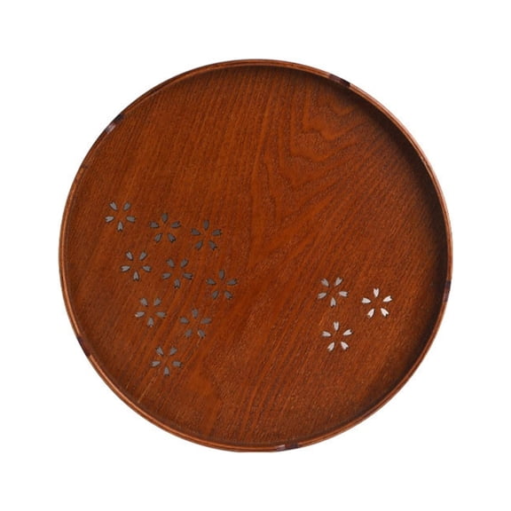 CSSJKYJ Tea Tray,Round Wooden Cherry Blossom Pattern Tray,Style Food Serving Tray Matcha Baked Tea Whisk Stand for Home Tea House Brown