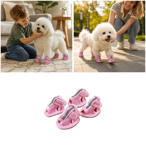 CSStudio 4Pcs Breathable Mesh Dog Sandals, Adjustable Soft Sole Puppy Shoes, Anti- Paw Protectors for Small Dogs for Hot Pavement Summer Walking