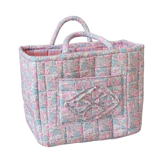 CSStudio Boho Floral Storage Basket with Handles, Portable Quilted Fabric Organizer Bin for Nursery Bedroom Bathroom Cosmetics Sundries