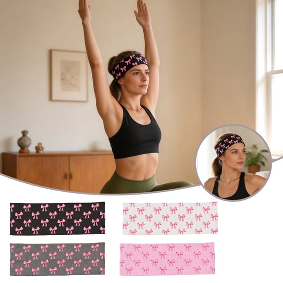 CSStudio Bow Printed Elastic Headbands for Women, Non Sports Sweatbands, Yoga Running Fitness Workout Hair Wraps Cancer Awareness Hair Bands
