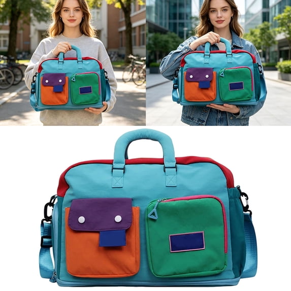 CSStudio Color Block Sports Duffle Bag with Separate Shoe Compartment, Lightweight Polyester Overnight Weekender Travel Gym Carry On Tote Bag with Adjustable Shoulder Strap