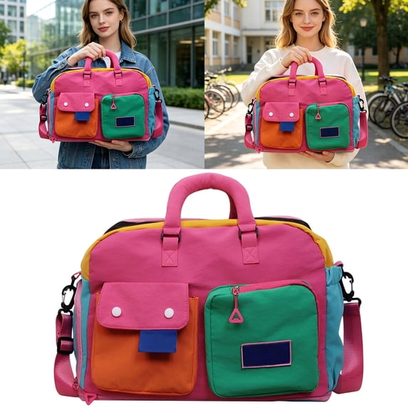CSStudio Color Block Sports Duffle Bag with Separate Shoe Compartment, Lightweight Polyester Overnight Weekender Travel Gym Carry On Tote Bag with Adjustable Shoulder Strap
