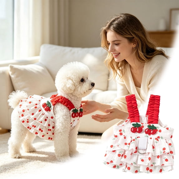 CSStudio Cute Cherry Pet Dress with Built‑in Leash D‑Ring, Breathable Summer Sleeveless Outfit for Small Dogs and Cats for Daily Party Photo Wear