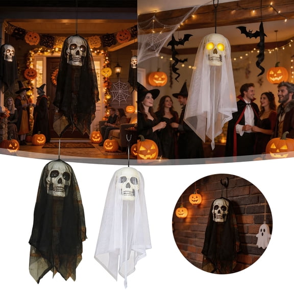CSStudio Halloween Hanging Glow Eyes Skeleton Head Ornament Black White Tattered Gauze Ghost Skull Spooky Hanging Decor For Yard Door Window Indoor Outdoor Party Layout