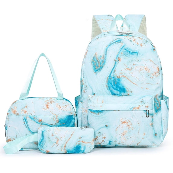 CSStudio Marble Print Backpacks for Teen with Lunch Bag and Pencil Case,17"Lightweight Schoolbags for Elementary 6-12 Years Old