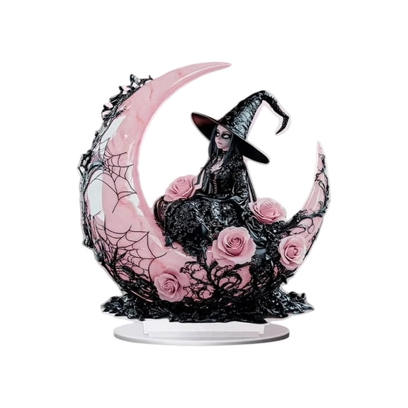 CSStudio Pink Crescent Moon Black Witch Acrylic Stand Sign Gothic Spooky Halloween Desktop Decor Party Window Display Prop