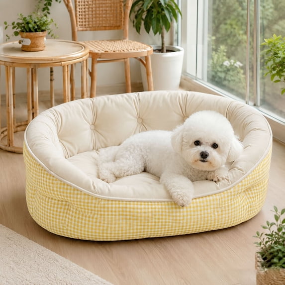 CSStudio Round Plaid Pet Bed, All Season Soft Cushioned Cat Dog Bed, Anti- Washable Raised Rim Pet Sleeping Nest for Small Medium Cats & Dogs Indoor Use