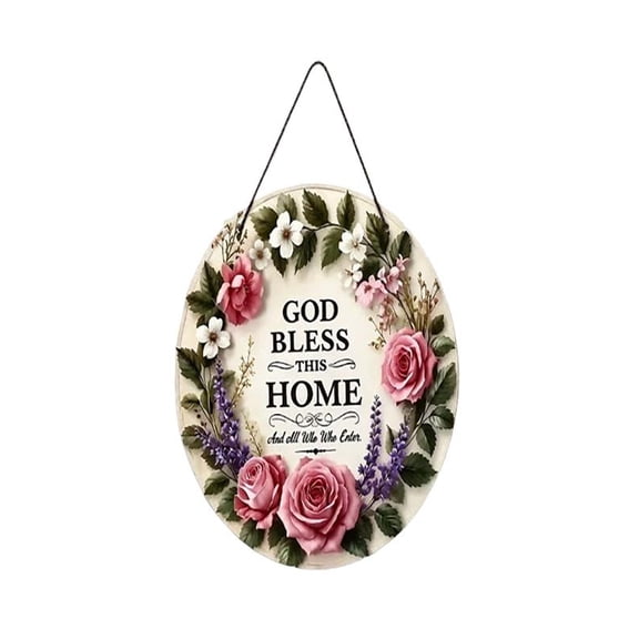 CSStudio Round Wooden Hanging Sign Floral Rose Wreath God Bless This Home Front Door Wall Decor Farmhouse Indoor Outdoor Blessing Plaque
