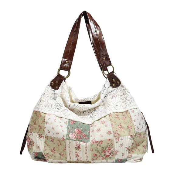 CSStudio Vintage Floral Lace Patchwork Shoulder Tote Soft Polyester Large Capacity Hobo Bag For Daily Travel Shopping
