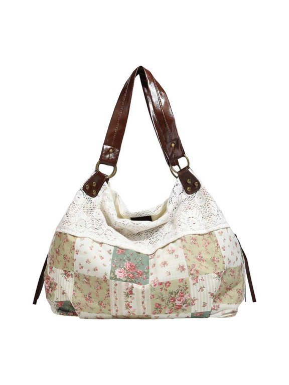 Vintage Floral Lace Patchwork Shoulder Tote Soft Polyester Large Capacity Hobo Bag For Daily Travel Shopping