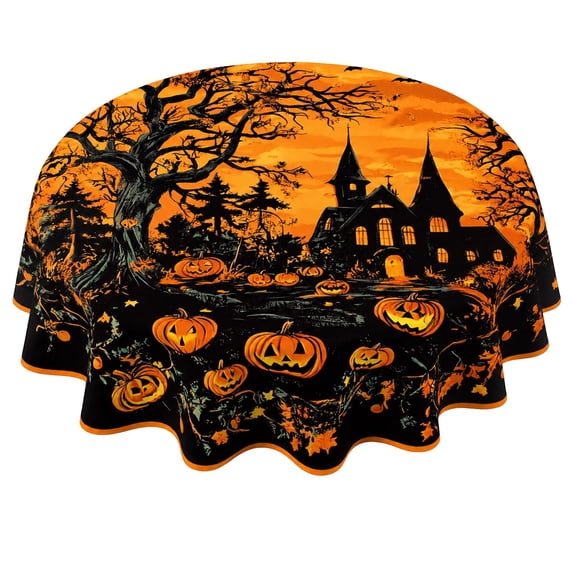 CSStudio Vintage Halloween Ghost Round Tablecloth 60In Waterproof Polyester Pumpkin Fall Farmhouse Dining Table Cover for Party Kitchen Decor