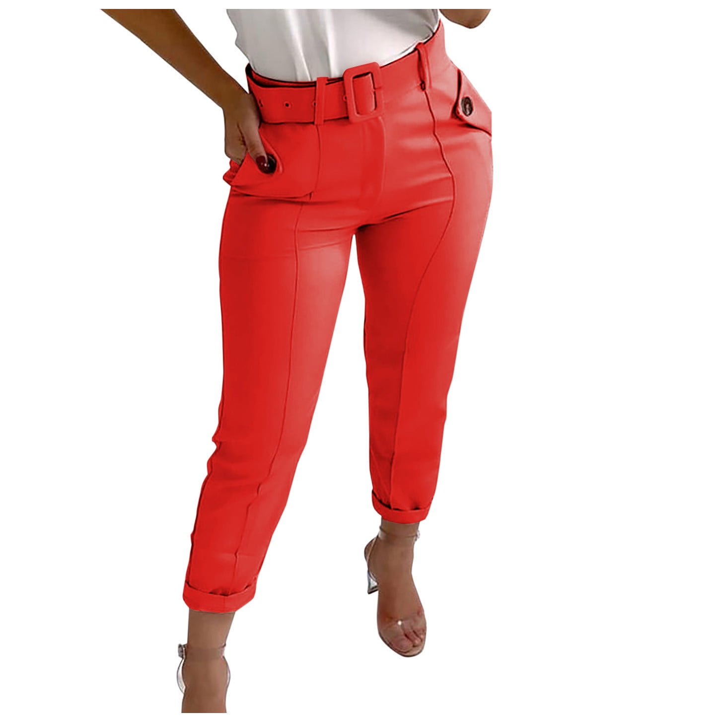 AMDWOV Womens Capris Pants Women's Tapered High Waisted Versatile Belt