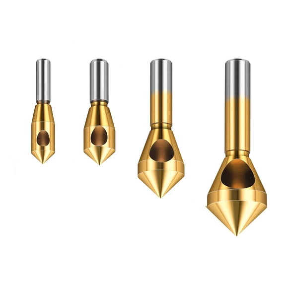 CSYANXING 90 Degree Chamfer Drill Bit Titanium Coated Steel Silver Gold 4 Pcs Countersink Tool for DIY Furniture Assembly Metal Plastic Deburring