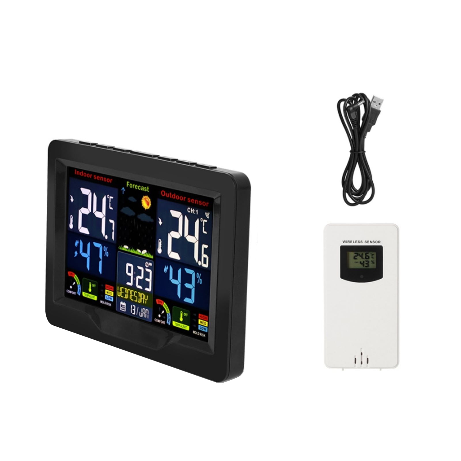 CSYANXING Dual Alarm Weather Station Clock Wireless Indoor/Outdoor Temp Humidity Forecast 6” LCD RF Mold Alert