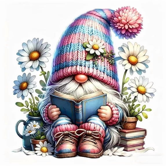 CSZPPQAF Diamond Art Painting Kits for Adults, Full Round Drill Cozy Gnome Reading Book Daisy Gem Art, Arts and Crafts for Home Decor, 14×14 Inch
