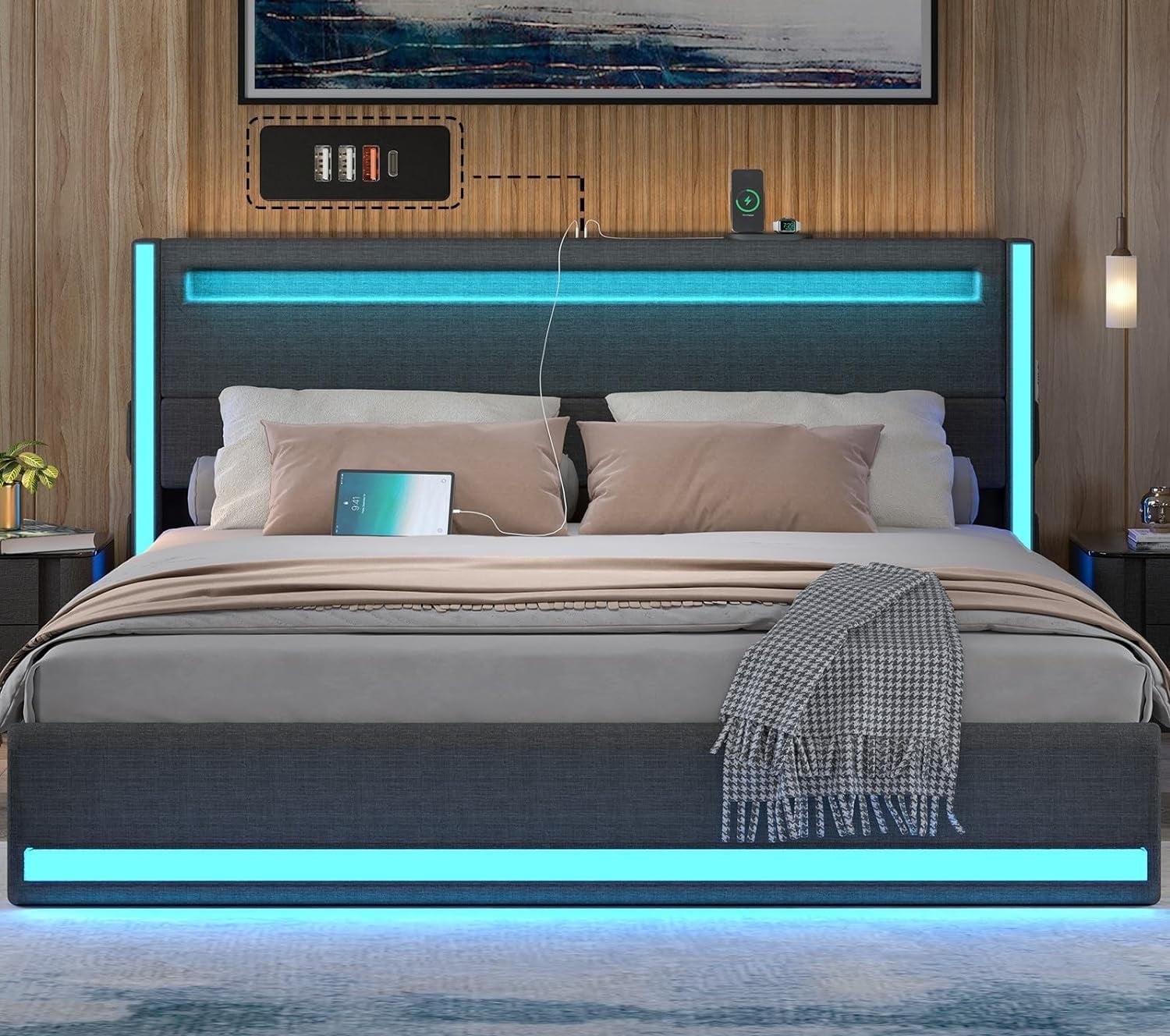 Gacfiew King Size Bed Frame, LED Bed Frame with Upholstered Headboard, King Bed Frame with Charging Station, Heavy Duty Metal Slats, No Box Spring Needed, Easy Assembly, Dark Grey