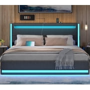 Gacfiew King Size Bed Frame, LED Bed Frame with Upholstered Headboard, King Bed Frame with Charging Station, Heavy Duty Metal Slats, No Box Spring Needed, Easy Assembly, Dark Grey