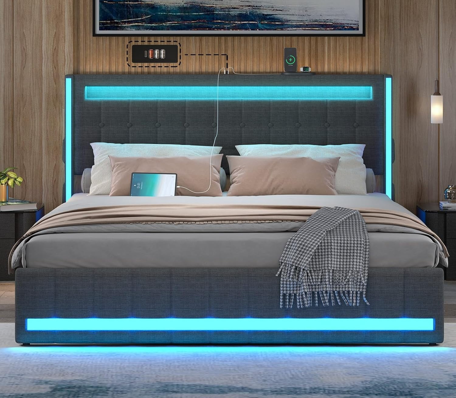 Queen Bed Frame With LED Storage Headboard Heavy Duty Metal Platform ...