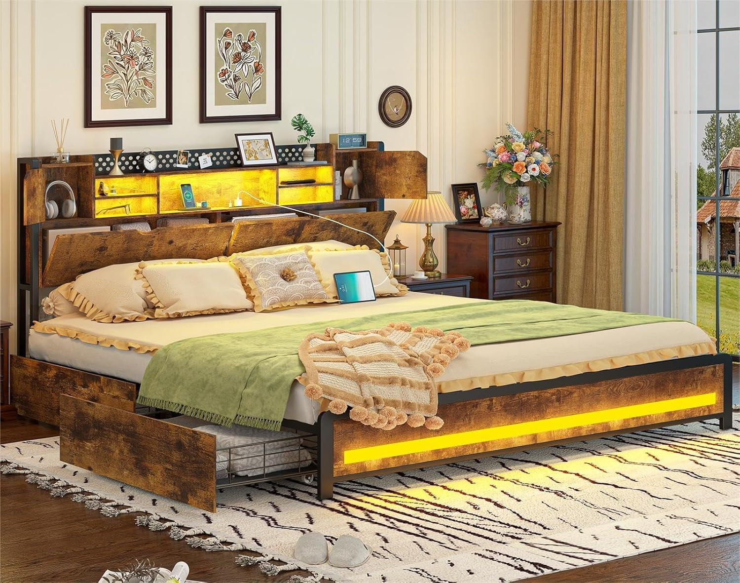 CSZZD King Size Bed Frame with Storage Drawers and Bookcase Headboard Wooden Platform King Bed with LED Lights and Charging Station Hidden Storage