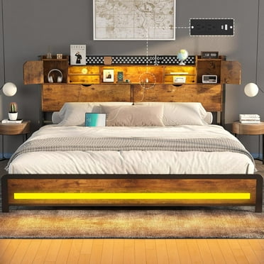 CSZZD King Size Bed Frame and Storage Headboard, LED Bed Frame with USB Charging Station, Metal Platform Bed Frame King with Hidden Storage Space, No Box Spring Needed, Vintage Brown