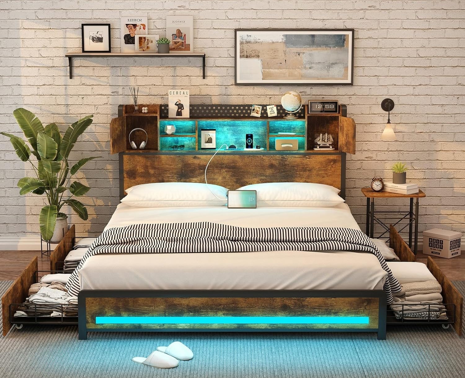 CSZZD LED Bed Frame Full Size with Storage Headboard & 4 Storage ...