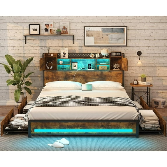 CSZZD LED Bed Frame Full Size with Storage Headboard & 4 Storage Drawers, Full Bed Frame with Outlets and USB Ports, Metal Platform Bed Full with LED Lights, No Box Spring Needed, Vintage Brown