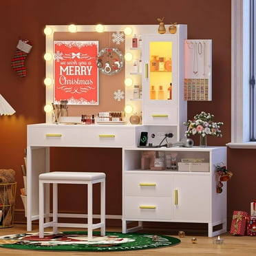 CSZZD Makeup Vanity Desk with Mirror and Lights, White Vanity Table with Drawers & Charging Station, Dressing Table Chair Set with RGB LED Storage Cabinet & Pull-Out Jewelry Rack for Girls Bedroom