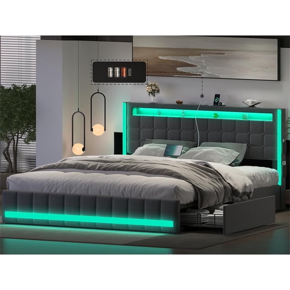 CSZZD Queen Bed Frame with 4 Storage Drawers & LED Lights, Light up Upholstered Platform Bed Frame Queen Size with Charging Station & Adjustable Headboard, No Noise, No Box Spring Needed, Dark Grey