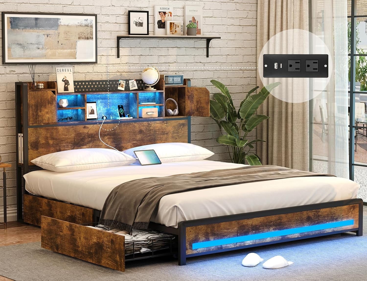 CSZZD Queen Bed Frame with Storage Drawers and Bookcase Headboard, LED ...