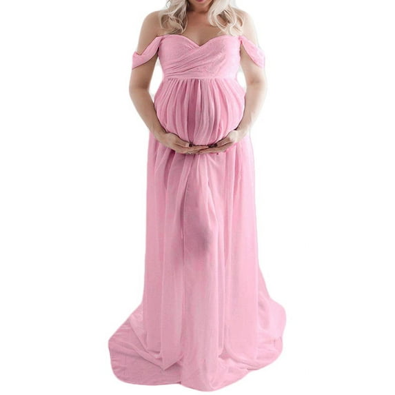 CSformom Maternity Off The Shoulder V Neck Open Split Gown Maxi Photography Dress