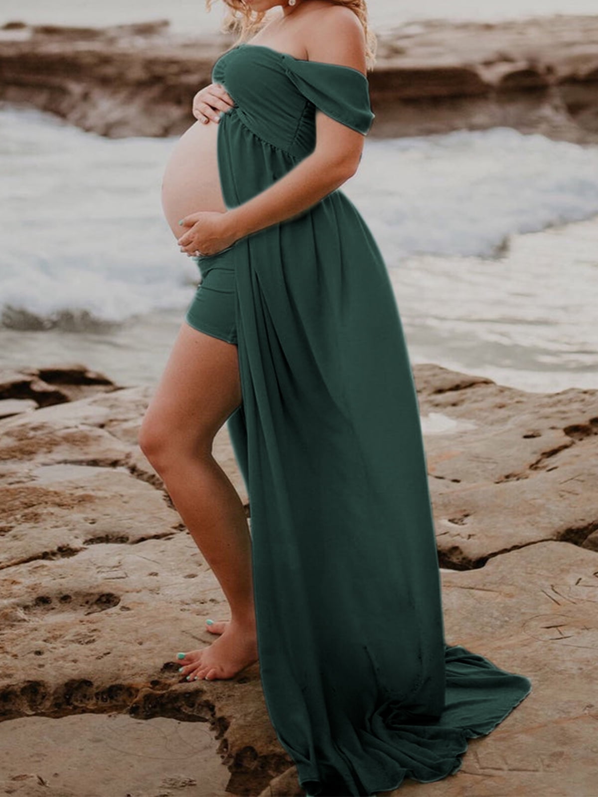 CSformom Maternity Off The Shoulder V Neck Open Split Gown Maxi Photography Dress