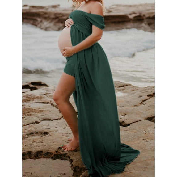 CSformom Maternity Off The Shoulder V Neck Open Split Gown Maxi Photography Dress