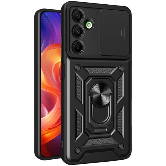 CSmall for Samsung Galaxy A16 Case with Slide Camera Lens Cover, Military Grade Shockproof Protection Cover with Rotate Ring Kickstand Case for Galaxy A16 SJ Black