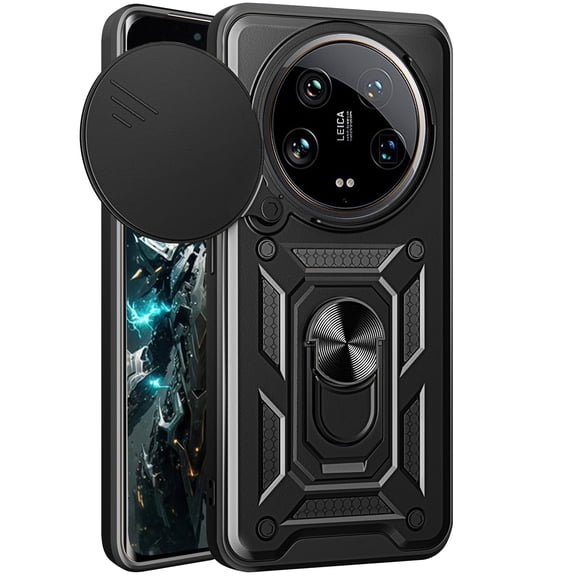CSmall for Xiaomi 14 Ultra Case with Slide Camera Lens Cover, Military Grade Shockproof Protection Cover with Rotate Ring Kickstand Case for Xiaomi 14 Ultra SJ Black