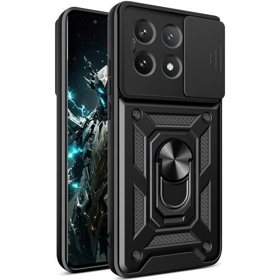 CSmall for Xiaomi Poco X6 Pro 5G Case with Slide Camera Lens Cover, Military Grade Shockproof Protection Cover with Rotate Ring Kickstand Case for Xiaomi Poco X6 Pro 5G/Redmi K70E 5G SJ Black